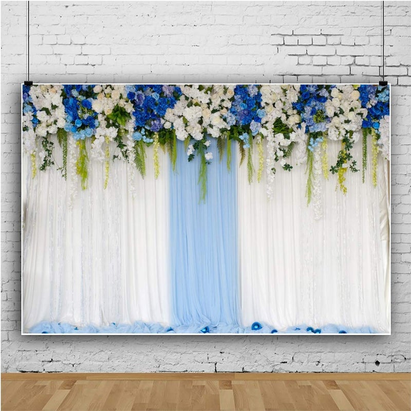 AOFOTO 10x7ft Blue White Flowers Curtain Wedding Backdrop Romantic Floral Wall Drapes Bride Groom Ladies Girls Photoshoot Background for Wedding Reception Ceremoney Birthday Cake Table Decor Banner - Image 3